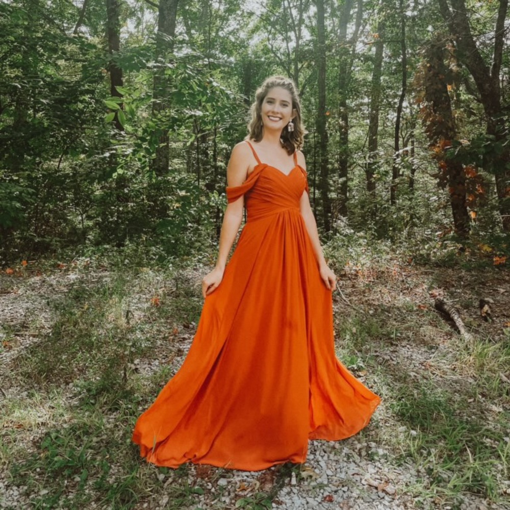 Davids Bridal, burnt orange bridesmaid dress with POCKETS